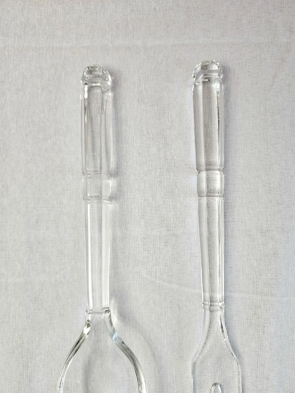 VINTAGE Clear Glass Salad Serving Set Spoon & Fork Ribbed Handle 1960s
